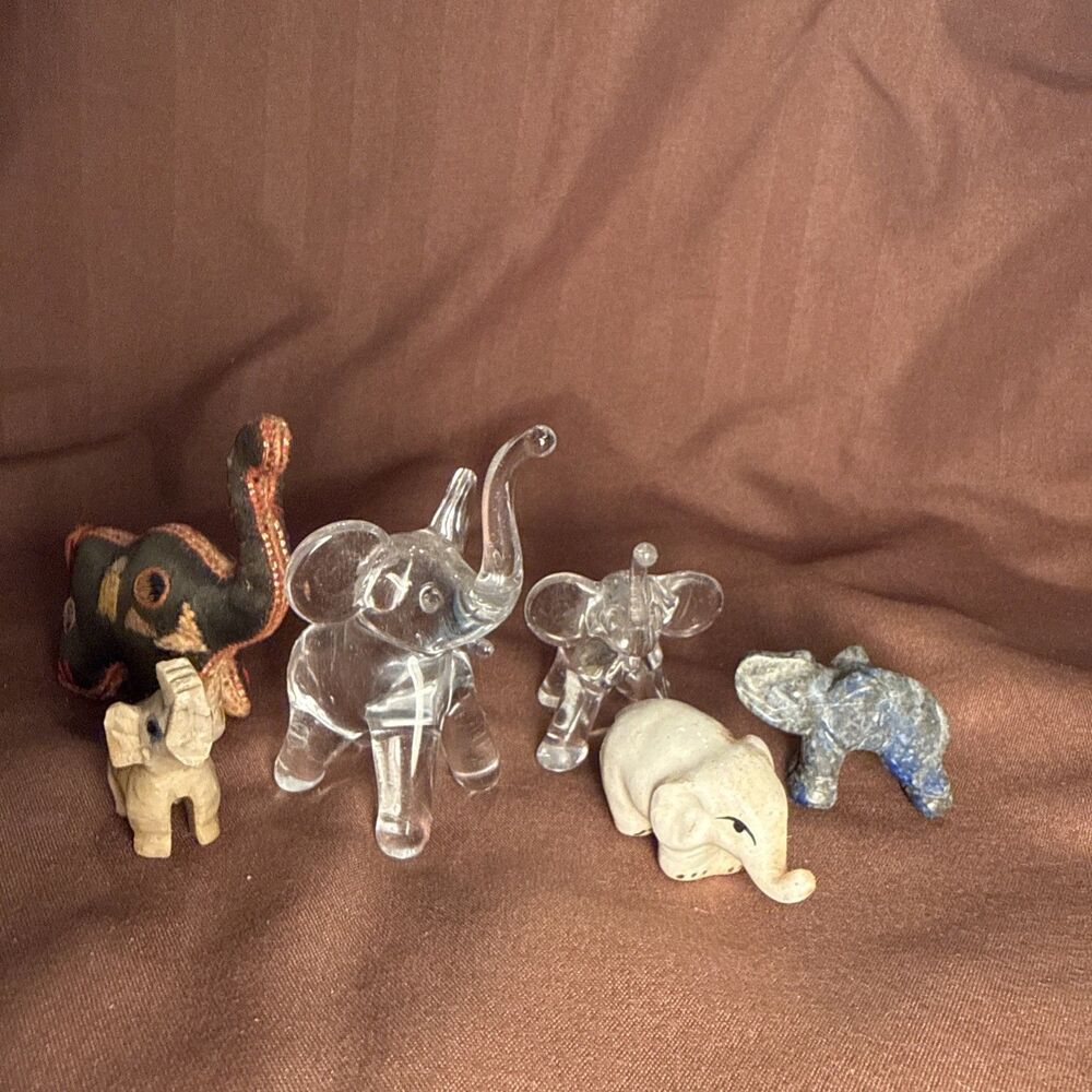 Lot Of 6 Vintage Elephant Figurines Silk Stone Glass Carved 1”to 2”